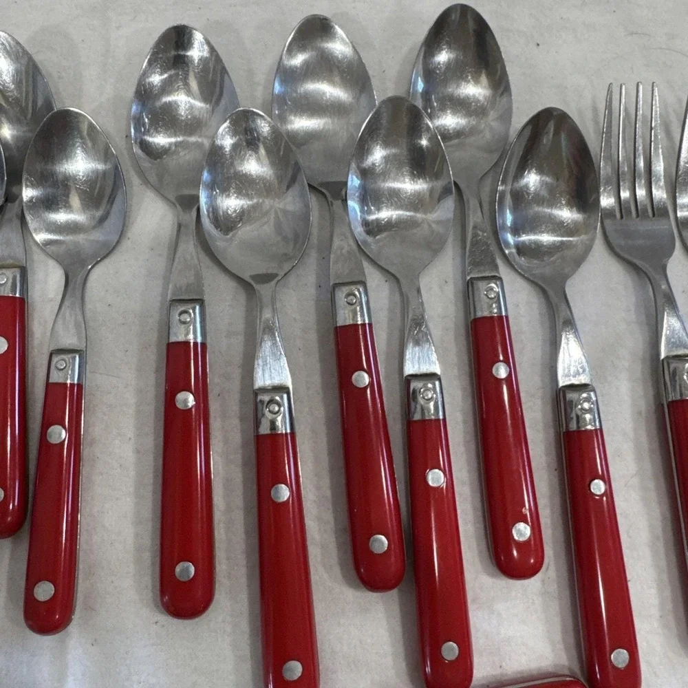 23 Lifetime Paris Splendour Stainless Flatware Spoon Fork Rivets Red Handle VTG